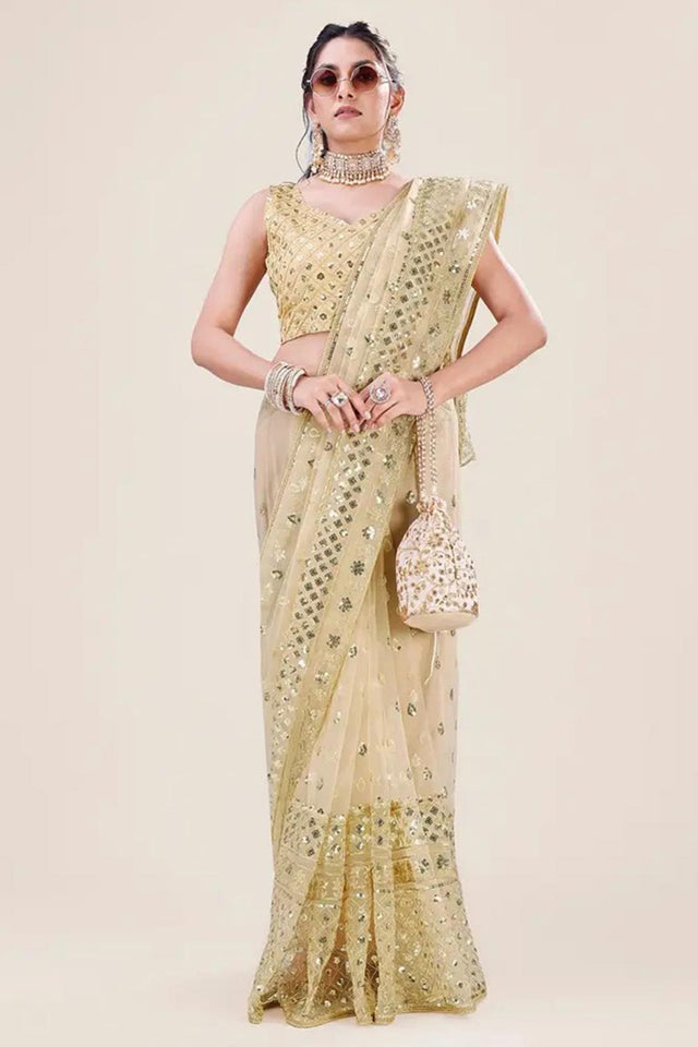 Cream Net Embroidery Sequin Sequins Work Party Wear Designer Saree