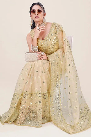 Cream Net Embroidery Sequin Sequins Work Party Wear Designer Saree