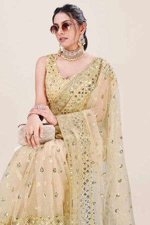 Cream Net Embroidery Sequin Sequins Work Party Wear Designer Saree
