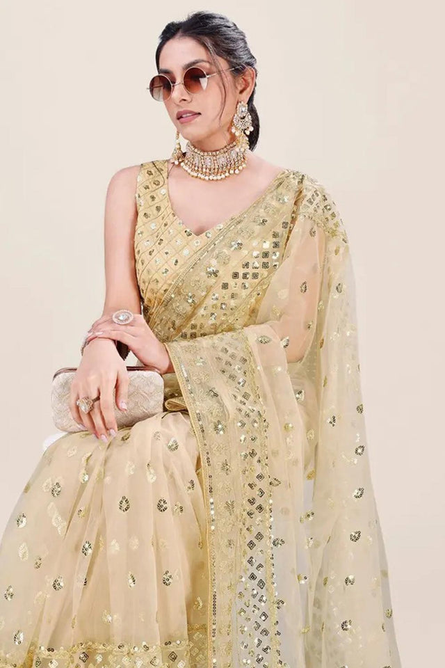 Cream Net Embroidery Sequin Sequins Work Party Wear Designer Saree