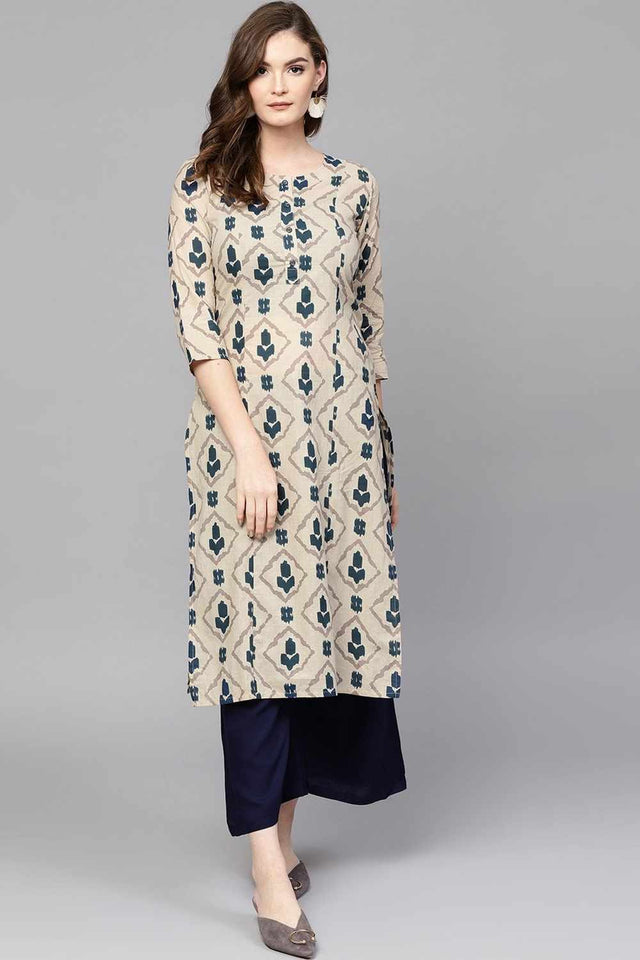 Beige Printed Cotton Kurti Palazzo Set