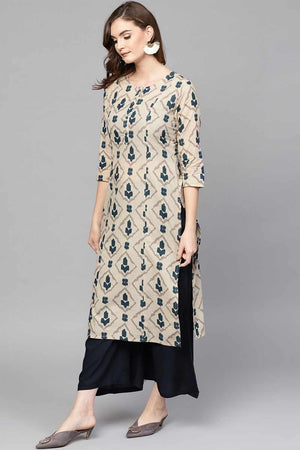 Beige Printed Cotton Kurti Palazzo Set