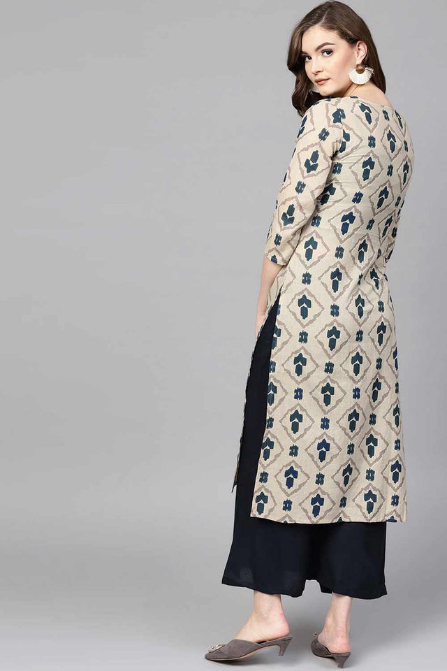 Beige Printed Cotton Kurti Palazzo Set