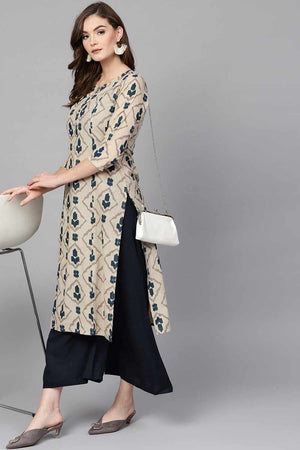 Beige Printed Cotton Kurti Palazzo Set