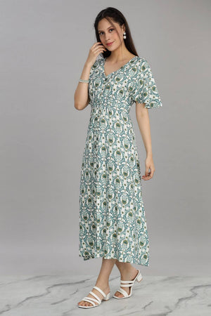Blue Floral Printed Rayon Dresses