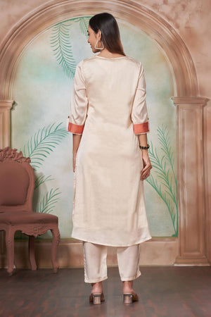 Off White Floral Printed Silk Kurti Pant Set