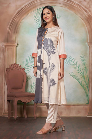 Off White Floral Printed Silk Kurti Pant Set