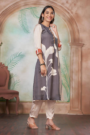 Off White Floral Printed Silk Kurti Pant Set