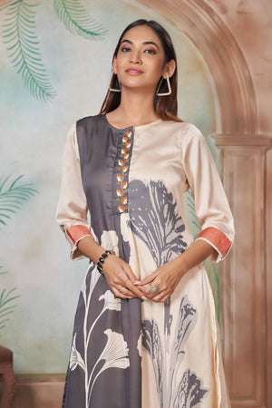 Off White Floral Printed Silk Kurti Pant Set