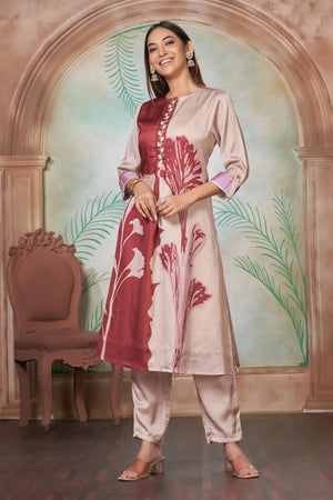 Brown Floral Printed Silk Kurti Pant Set