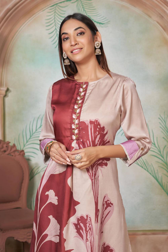 Brown Floral Printed Silk Kurti Pant Set