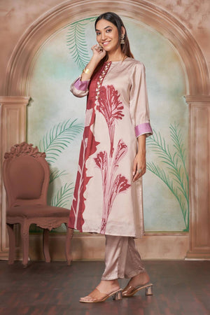 Brown Floral Printed Silk Kurti Pant Set