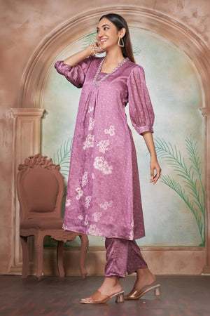 Lavender Floral Printed Silk Kurti Pant Set