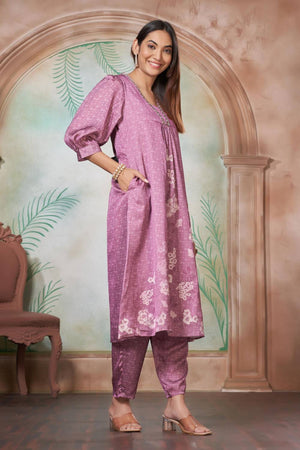 Lavender Floral Printed Silk Kurti Pant Set