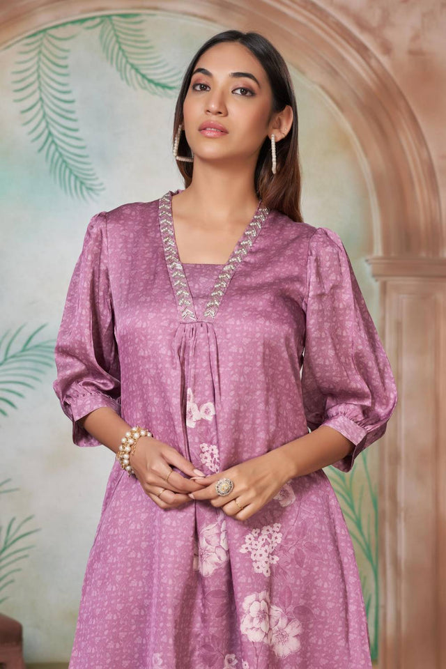 Lavender Floral Printed Silk Kurti Pant Set