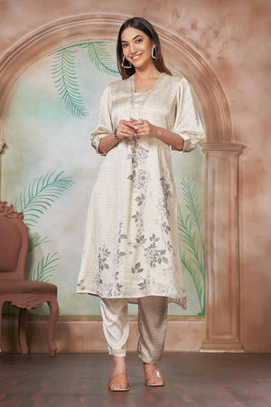 White Floral Printed Silk Kurti Pant Set