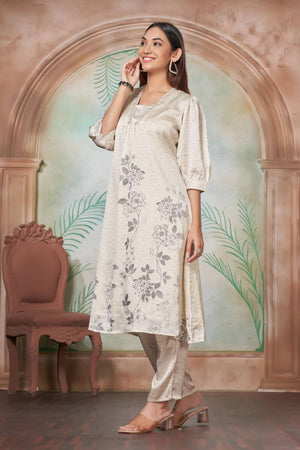 White Floral Printed Silk Kurti Pant Set