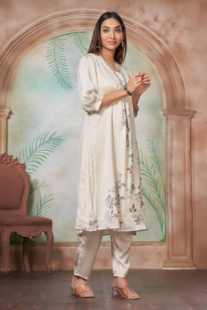 White Floral Printed Silk Kurti Pant Set