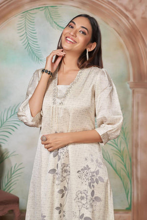 White Floral Printed Silk Kurti Pant Set