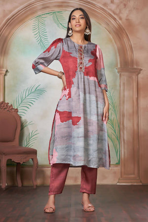 Pink Printed Silk Kurti Pant Set