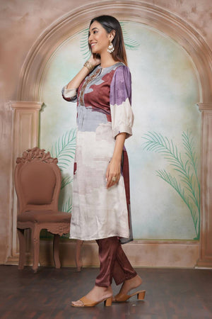 Violet Printed Silk Kurti Pant Set