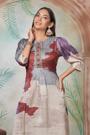 Violet Printed Silk Kurti Pant Set