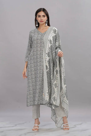 Grey Printed Rayon Kurti Pant Set