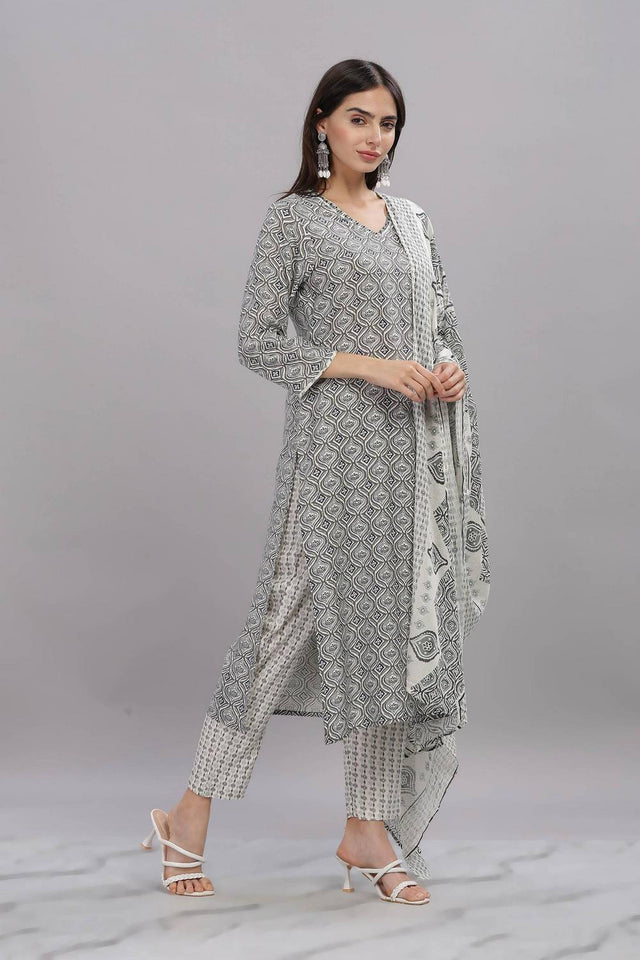 Grey Printed Rayon Kurti Pant Set