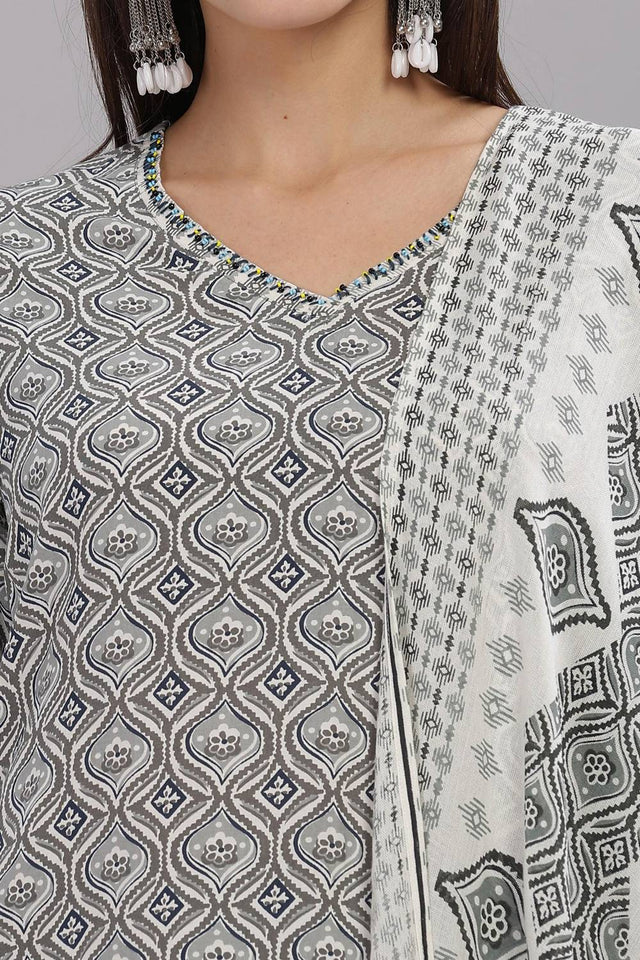 Grey Printed Rayon Kurti Pant Set
