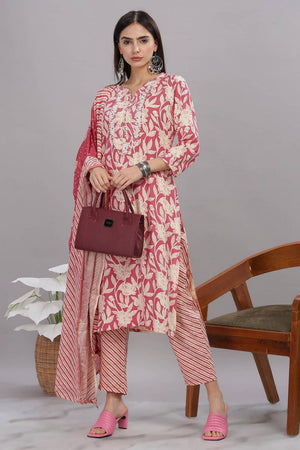 Red Floral Printed Rayon Kurti Pant Set