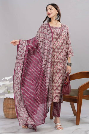 Maroon Ajrakh Printed Rayon Kurti Pant Set