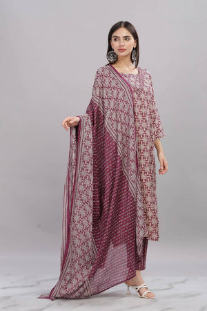 Maroon Ajrakh Printed Rayon Kurti Pant Set