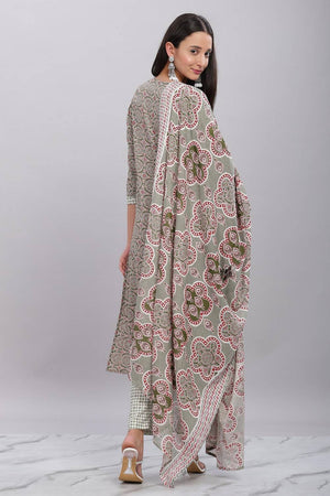 Olive Green Ajrakh Printed Rayon Kurti Pant Set