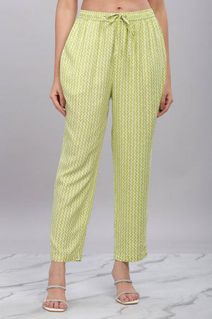 Green Printed Rayon Kurti Pant Set