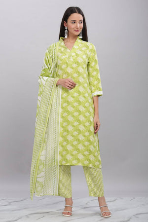 Green Printed Rayon Kurti Pant Set