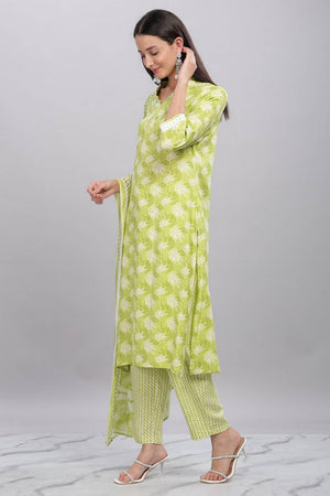 Green Printed Rayon Kurti Pant Set