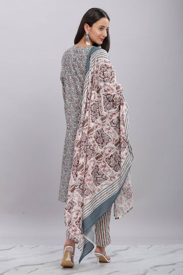 Grey Printed Rayon Kurti Pant Set