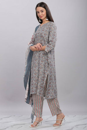 Grey Printed Rayon Kurti Pant Set