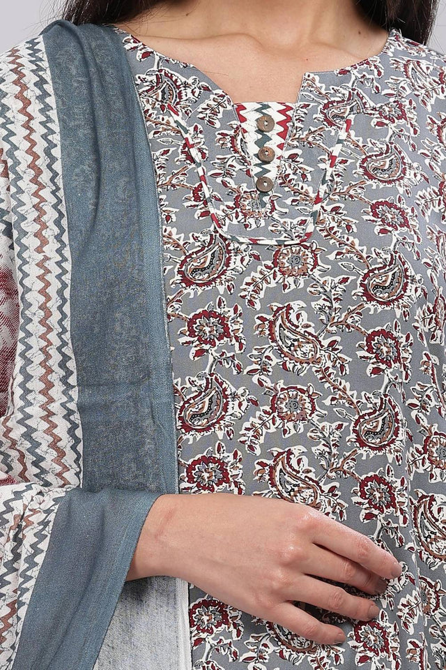 Grey Printed Rayon Kurti Pant Set