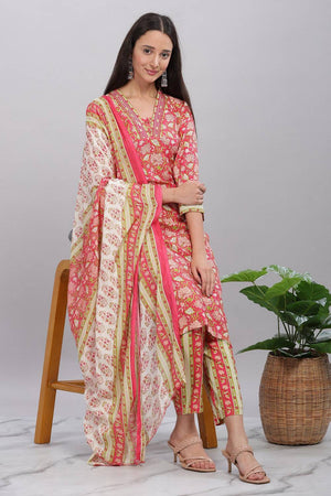 Red Floral Printed Rayon Kurti Pant Set