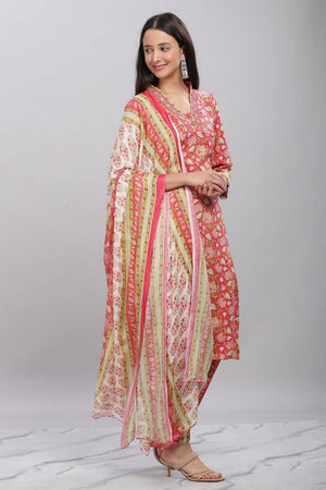 Red Floral Printed Rayon Kurti Pant Set