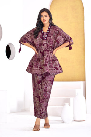 Wine Printed Modal Chanderi Co-Ord Set