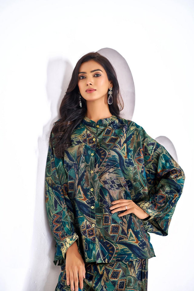 Turquoise Printed Modal Chanderi Co-Ord Set