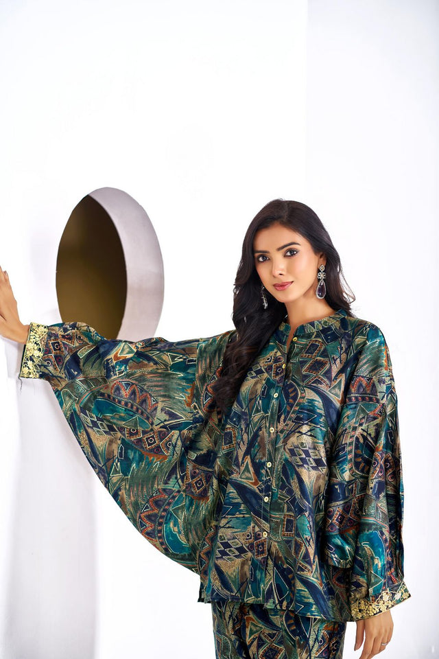 Turquoise Printed Modal Chanderi Co-Ord Set