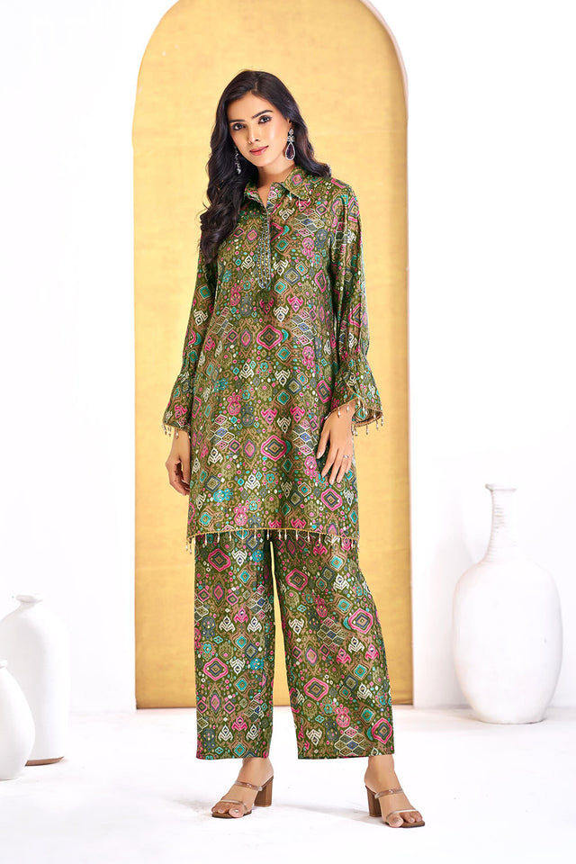 Olive Green Printed Modal Chanderi Co-Ord Set