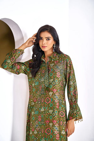 Olive Green Printed Modal Chanderi Co-Ord Set