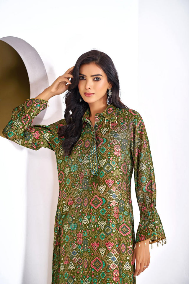 Olive Green Printed Modal Chanderi Co-Ord Set