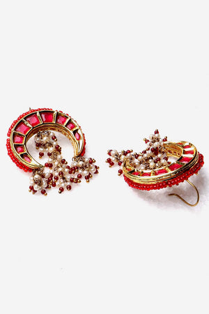 Red And Gold Drop Earring With Kundan And Pearls