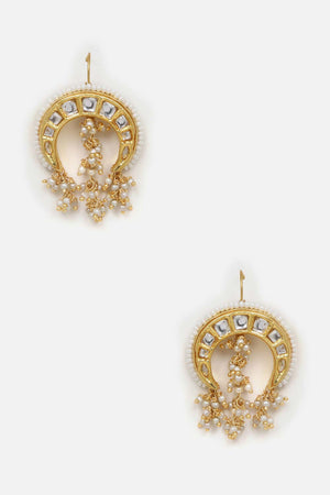 Gold And White Drop Earring With Kundan And Pearls