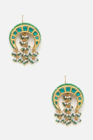 Green And Gold Drop Earring With Kundan And Pearls